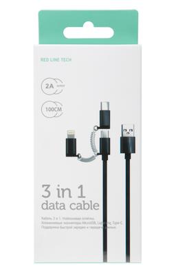 Red Line Дата-кабель LX09 3в1 USB-microUSB+8pin+Type-C 2A нейлон черный