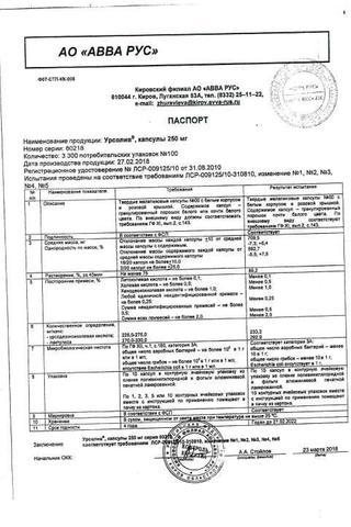 Сертификат Урсолив капсулы 250 мг 100 шт