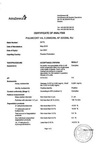 Сертификат Пульмикорт суспензия 0,25 мг/ мл контейнер 2 мл 20 шт