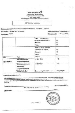 Сертификат Комбоглиз Пролонг таблетки 1000 мг+2,5 мг 56 шт