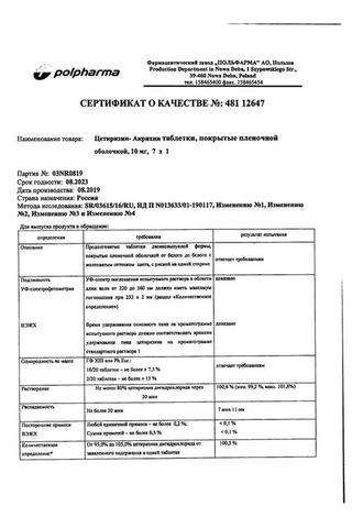 Сертификат Цетиризин-Акрихин таблетки 10 мг 7 шт