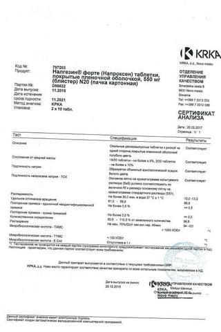 Сертификат Налгезин форте таблетки 550 мг 20 шт