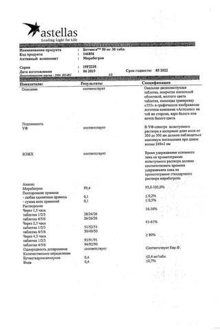 Сертификат Бетмига таблетки 50 мг 30 шт