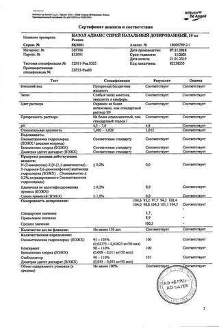Сертификат Назол адванс спрей 0,025 мг/доза 10 мл