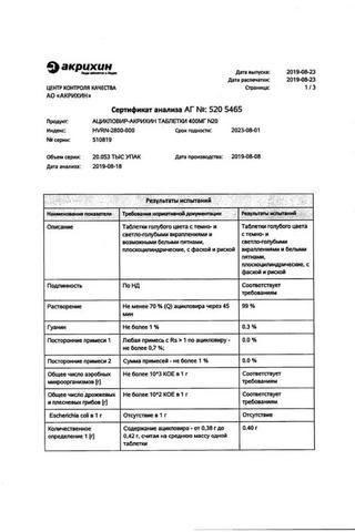 Сертификат Ацикловир-Акрихин таблетки 400 мг 20 шт