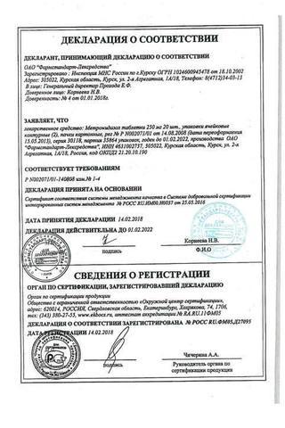 Сертификат Метронидазол таблетки 250 мг N40