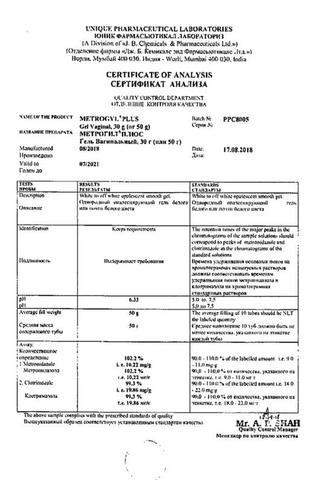 Сертификат Метрогил Плюс гель вагинальный 20 мг+10 мг/ г туба 50 г 1+10 шт аппликаторов