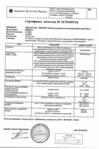 Сертификат Лозартан-Рихтер таблетки 50 мг 30 шт