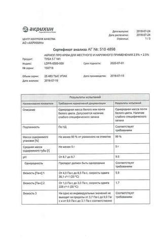 Сертификат Акриол Про крем 2,5%+2,5% 5 г