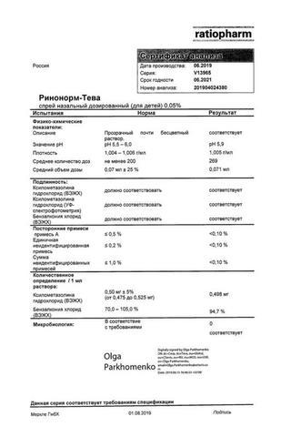 Сертификат Ринонорм-Тева спрей для детей 0,05% 20 мл