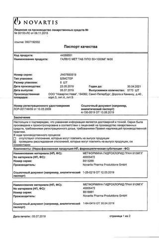 Сертификат Галвус Мет таблетки 1000 мг+50 мг 30 шт