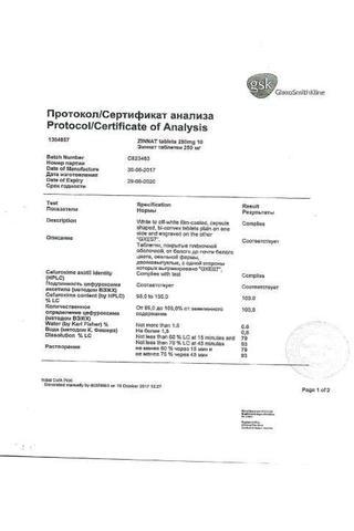 Сертификат Зиннат таблетки 250 мг 10 шт