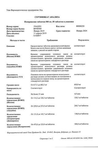 Сертификат Изопринозин таблетки 500 мг 50 шт