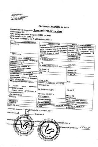 Сертификат Артезин таблетки 4 мг 30 шт