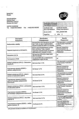 Сертификат Зиннат гран.д/сусп.для приема вн.125 мг/5 мл фл.50 мл 1 шт