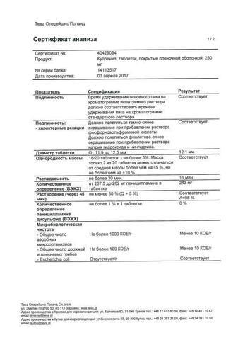 Сертификат Купренил таблетки 250 мг 100 шт