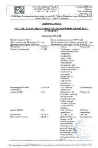 Сертификат Релпакс таблетки 40 мг 2 шт