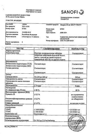 Сертификат Локрен таблетки 20 мг 28 шт
