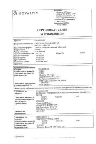 Сертификат Ко-диован таблетки 80 мг+12.5 мг 28 шт
