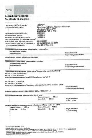 Сертификат Цинктерал-Тева таблетки 124 мг 150 шт