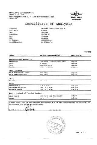 Сертификат Проспан раствор для приема 2,5 мл фл.100 мл 1 шт