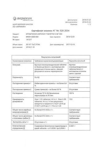 Сертификат Бромгексин-Акрихин таблетки 8 мг 50 шт