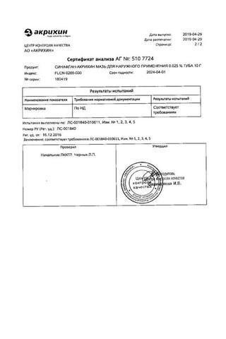 Сертификат Синафлан-Акрихин мазь 0,025% туба 10 г 1 шт