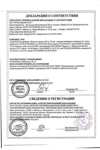Сертификат Урсосан капсулы 250 мг 10 шт