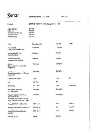 Сертификат Офтан тимолол капли глазные 0,5%фл.5 мл
