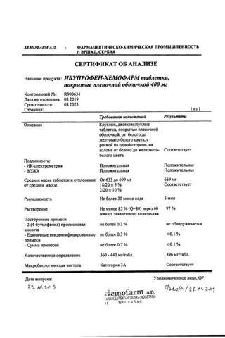 Сертификат Ибупрофен-Хемофарм таблетки 400 мг 30 шт