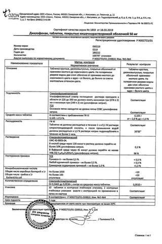 Сертификат Диклофенак таблетки 50 мг 20 шт