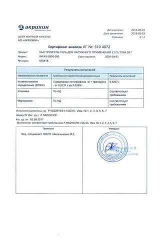 Сертификат Быструмгель гель д/наруж.прим.2,5% туба 50 г