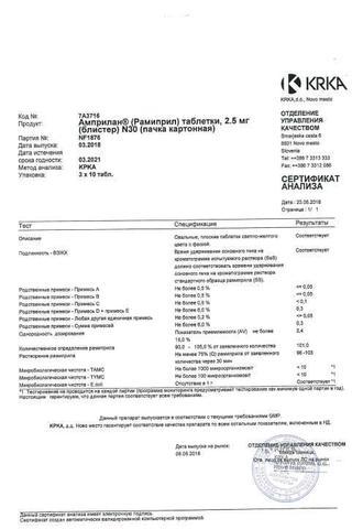 Сертификат Амприлан таблетки 2,5 мг 30 шт