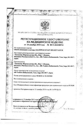 Сертификат Пластырь Салонпас обезболивающий 10 шт