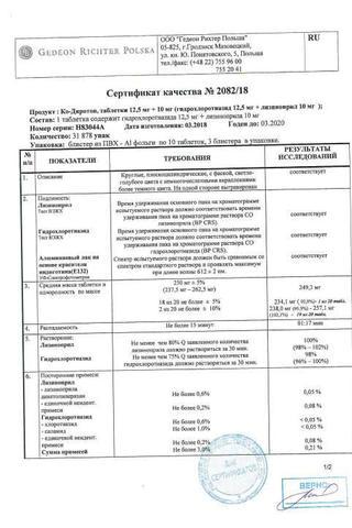 Сертификат Ко-Диротон таблетки 10 мг +12,5 мг 30 шт