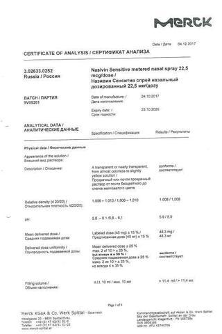 Сертификат Називин Сенситив спрей 11,25 мкг/доз.фл.10 мл 1 шт