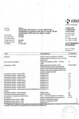 Сертификат Аторис таблетки 10 мг 90 шт