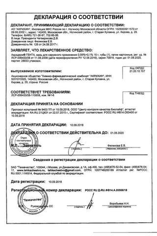 Сертификат Акридерм Гента мазь 0,05%+0,1% туба 15 г