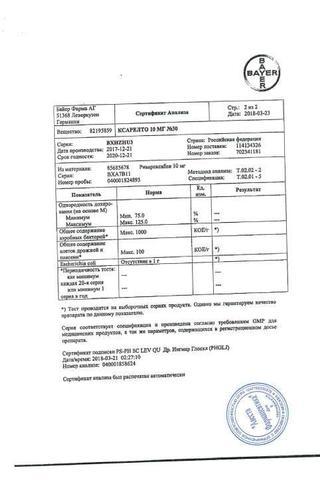 Сертификат Ксарелто таблетки 10 мг 30 шт