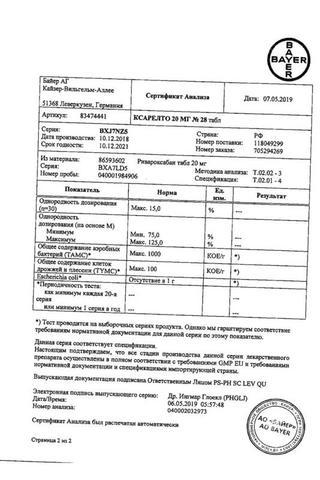 Сертификат Ксарелто таблетки 20 мг 28 шт