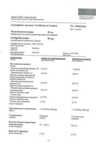 Сертификат Оксалиплатин медак лиофилизат 100 мг