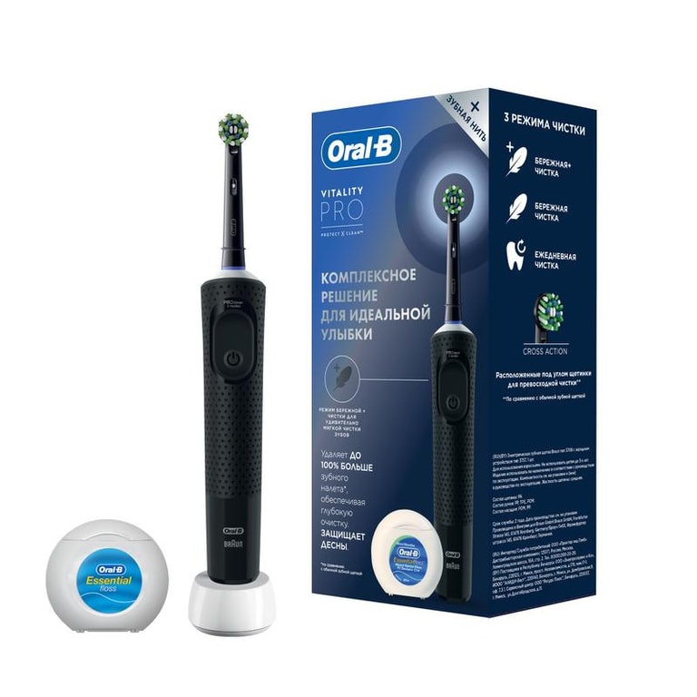 Oral-B Набор Виталити Про Щетка зубная электрическая тип 3708 черный+Нить зубная Эссеншиал Флосс