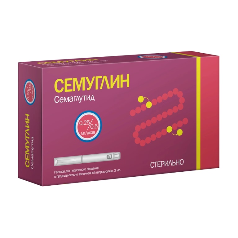 Семуглин 0,25/0,5 мг/доза раствор для инъекций шприц-ручка 3 мл + иглы