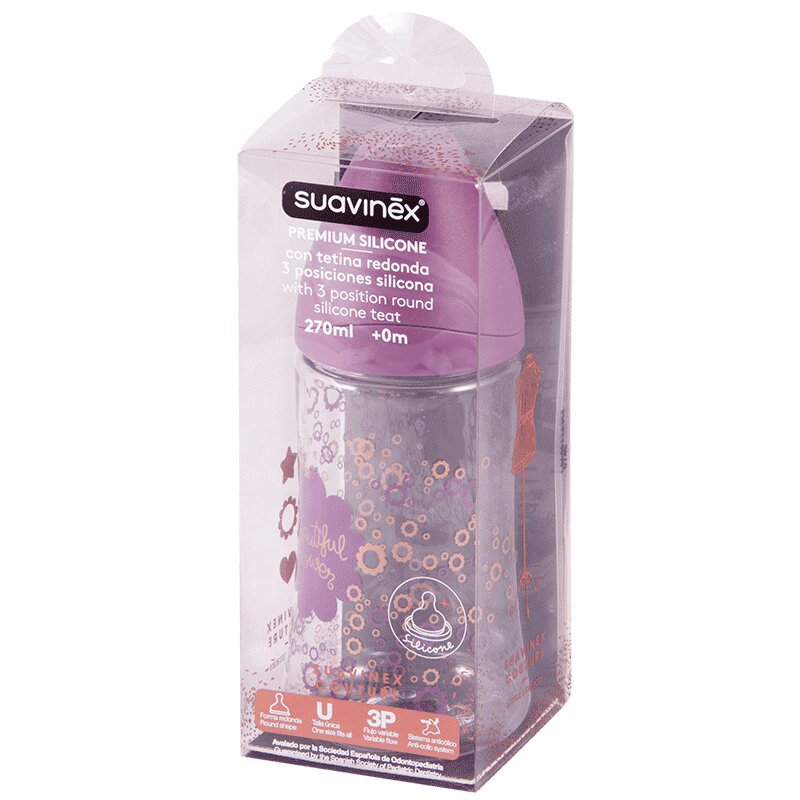 Изображение товара Бутылочка Suavinex Couture 270 мл с силиконовой соской Фиолетовая для малышей 0+