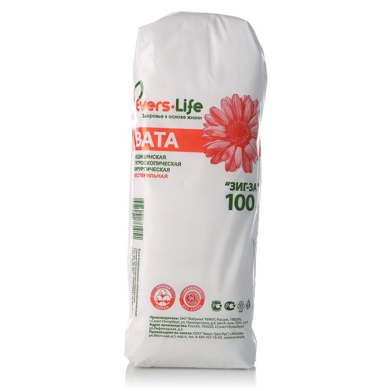 Изображение товара Медицинская нестерильная хирургическая вата Зиг-Заг 100 г Ника Россия