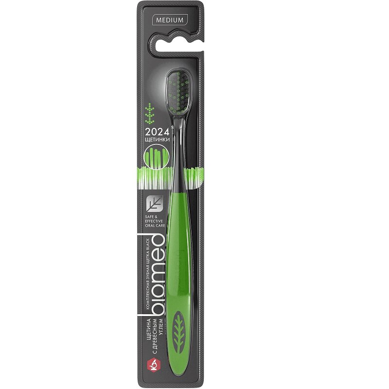 Изображение товара Зубная щетка Biomed Black с древесным углем средняя Зеленая