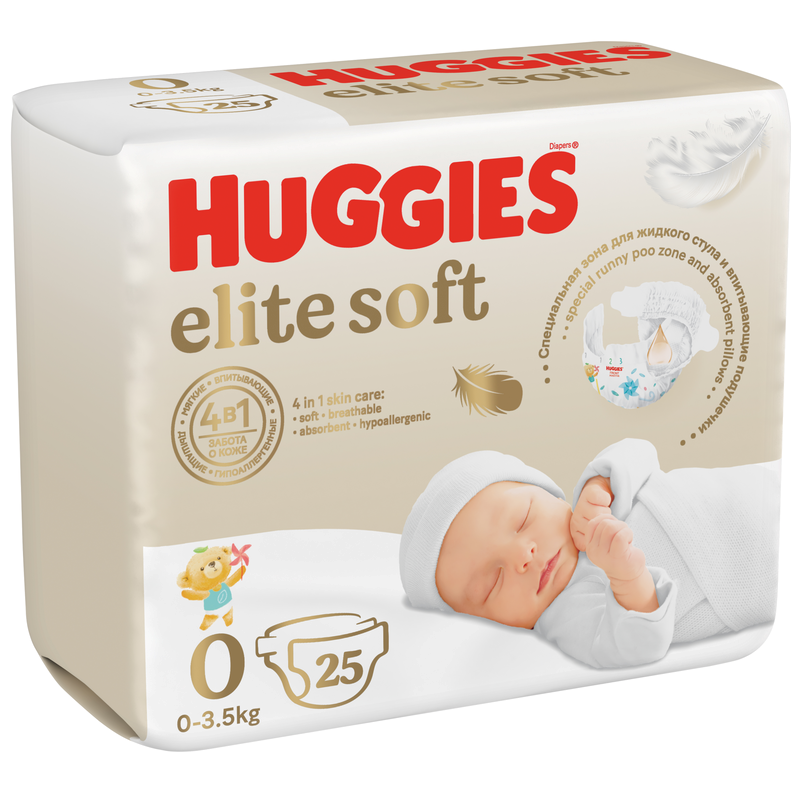 Изображение товара Huggies Элит Софт Подгузники размер 0+ (до 3,5 кг) 25 шт