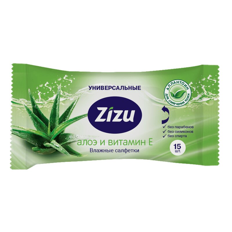 Изображение товара Универсальные влажные салфетки Zizu с алоэ и витамином Е 15 шт