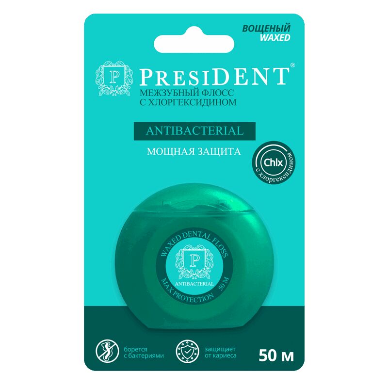 Изображение товара PresiDENT Antibacterial Нить зубная с хлоргексидином 50 м