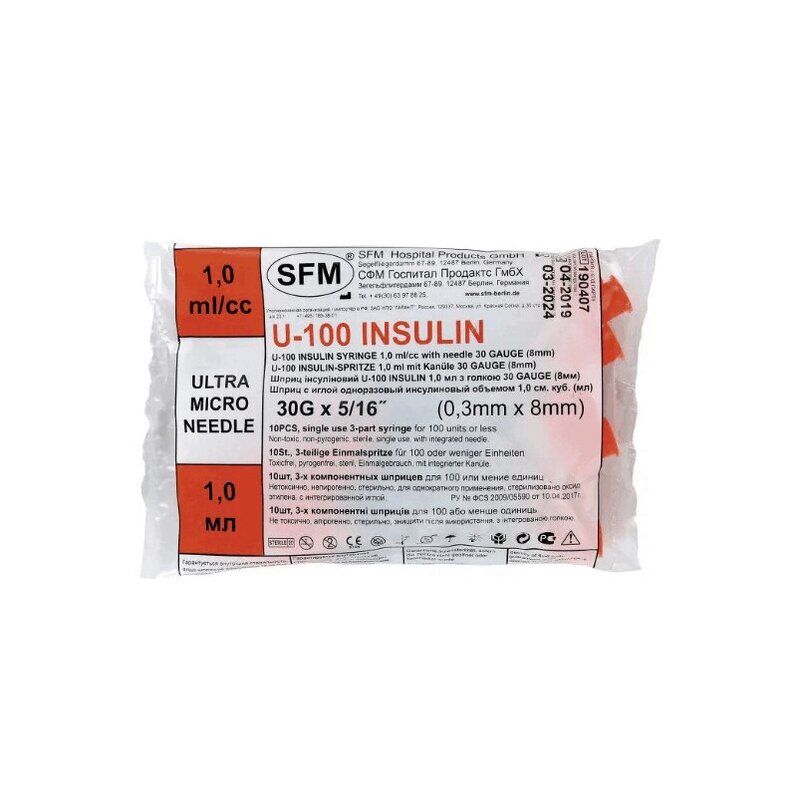Изображение товара Одноразовый трехкомпонентный шприц U100 с иглой 30G 1 мл 10 шт